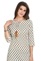 Cream Cotton Knee Length Straight Cut Kurti With Round Neck for Women
